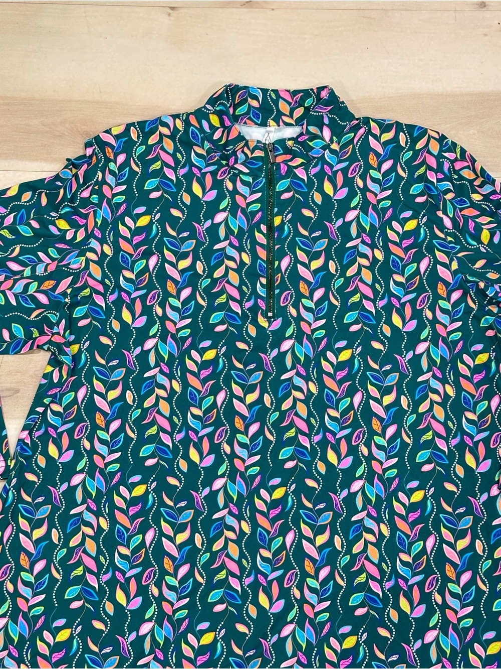 Lulu-B multi-color falling leaf print dress Sz 1X Dark Green 3/4 Sleeve UPF 50+ - Picture 2 of 10